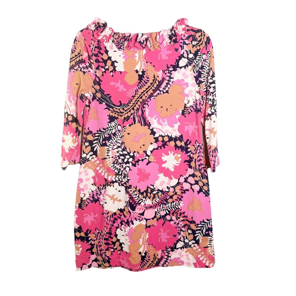 Talbots Dress Small Knee Length Pink Floral Shift Ruffle Stretch Cotton
